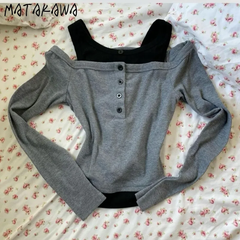 

Matakawa Y2k Clothes Fake 2-х шт. футболка для женщин весна осень с разрезом на шее винтажные Ropa De Mujer сексуальные короткие футболки в стиле гранж