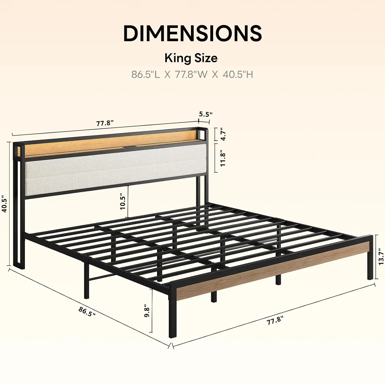 King Size Upholstered Platform Bed Frame with Headboard LED Lights & Charging Station No Box Spring Needed, Customized