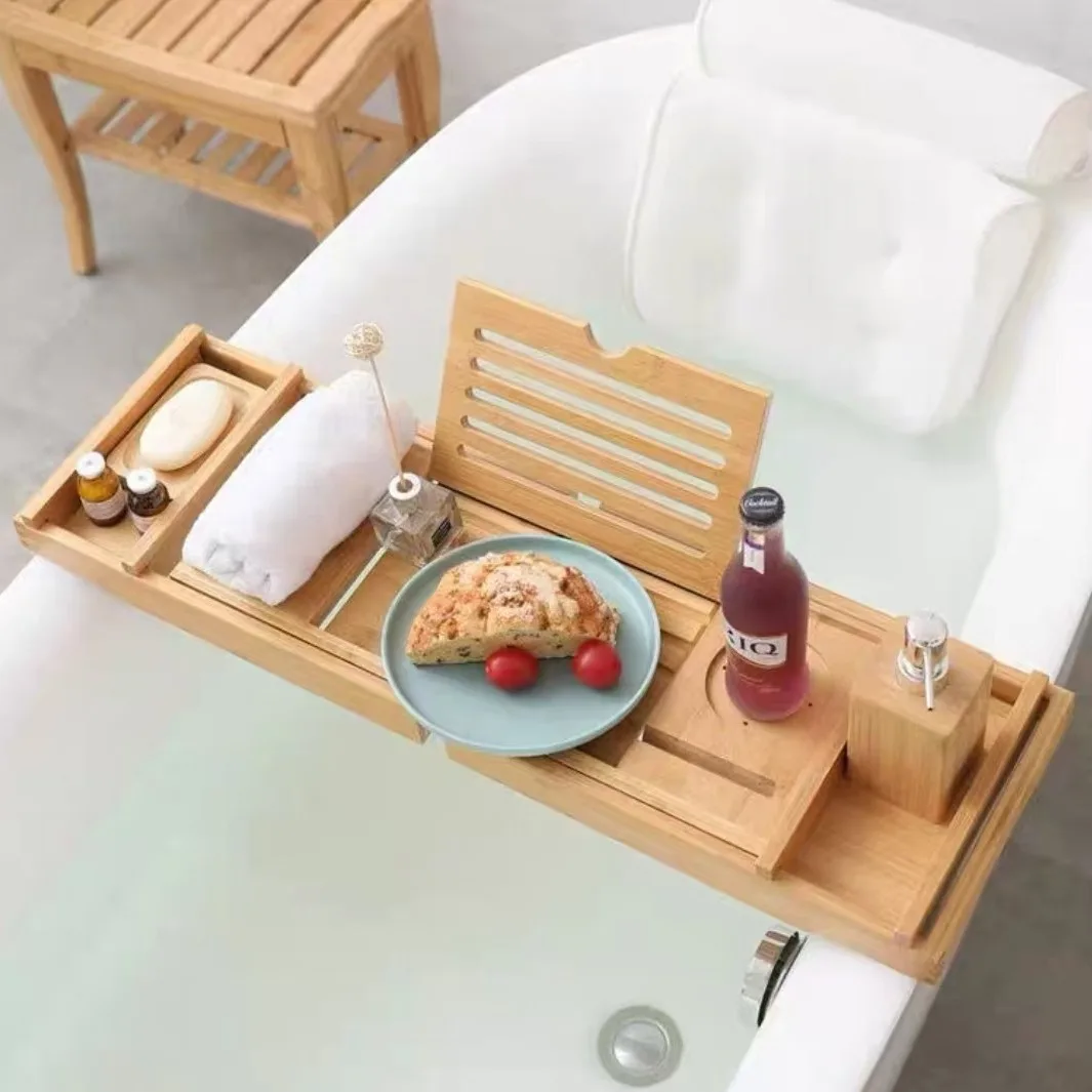 

Amazon hot sale bamboo bathtub rack tray bathroom bath storage rack retractable bathtub rack factory in stock batch