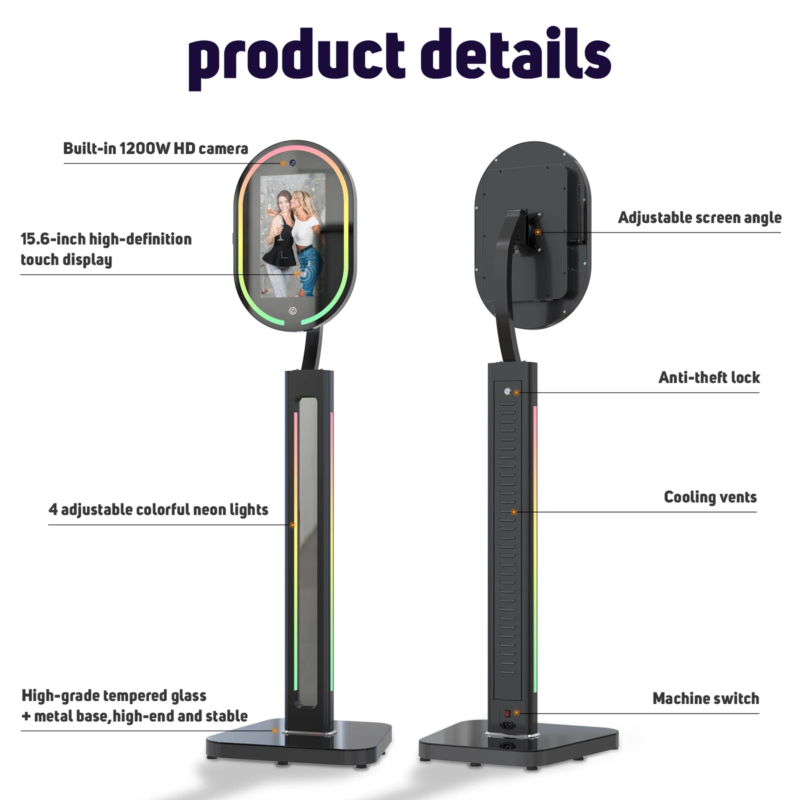 شاشة لمس كشك الصور بمرآة سحرية مع طباعة وكاميرا 1200 وات بكسل 4K عالية الدقة مع التحكم في مصدر تطبيق البرمجيات