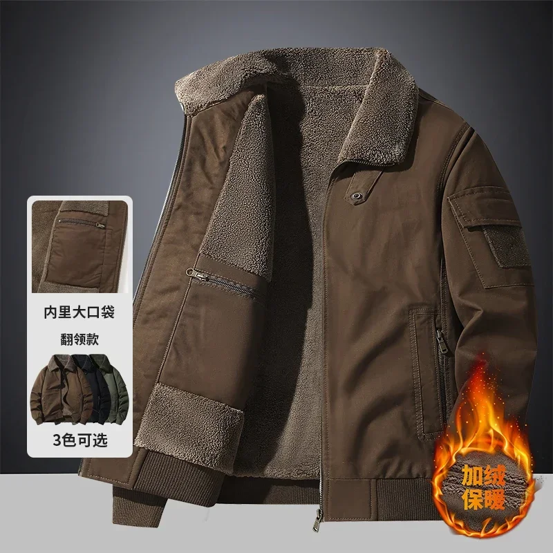 Jacket Men Simple High-end New Pure Cotton Washed Cotton Jacket Men Winter Velvet Fur Collar Top Retro Lapel Workwear Jacket
