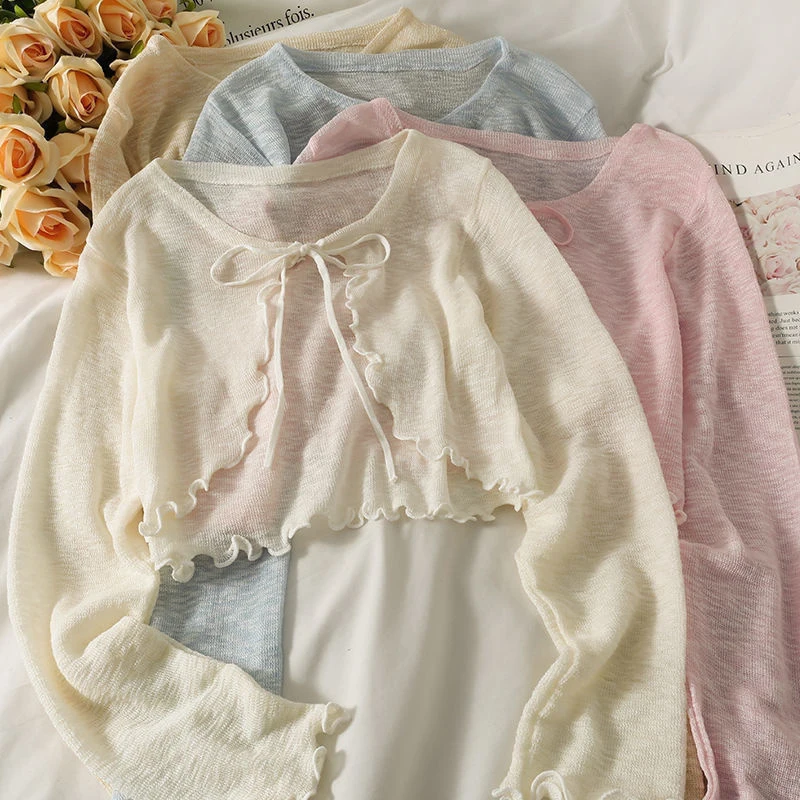 Summer Fashion Lace-up Smock Cardigan Women Solid Color Long Sleeve Thin Sunscreen Shirt