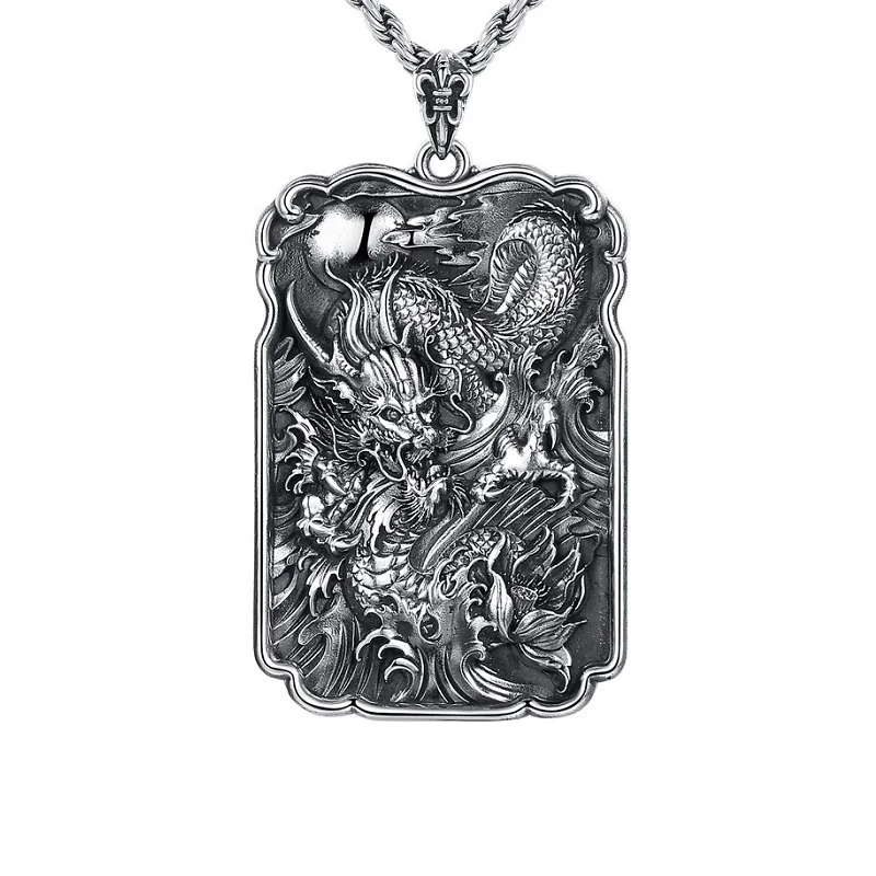 

Real S999 Sterling Silver Retro Heavy Carving Exciting Chinese Dragon Men Brand Chain Pendant Jewelry Gift