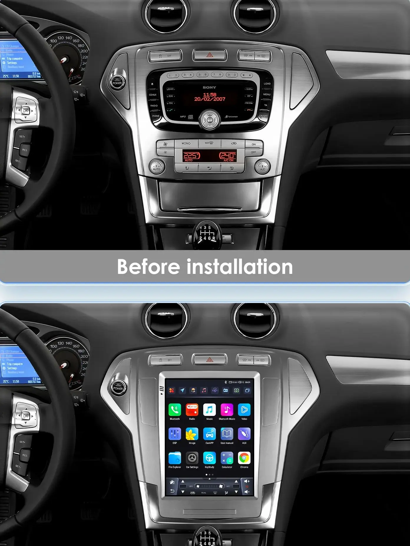 OSSURET 9,7 Zoll 2 DIN Android 13 Autoradio für Ford Mondeo mk4 Galaxy A/C 2007–2010 Multimedia Stereo Vertikaler Bildschirm Carplay