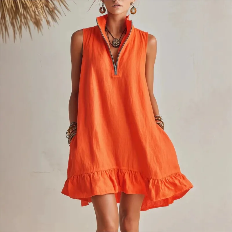 Simple Solid Zipper Semi Open Design Mini Dress Summer Fashion Sleeveless Loose Dresses With Pockets Ladies Chic Office Vestidos