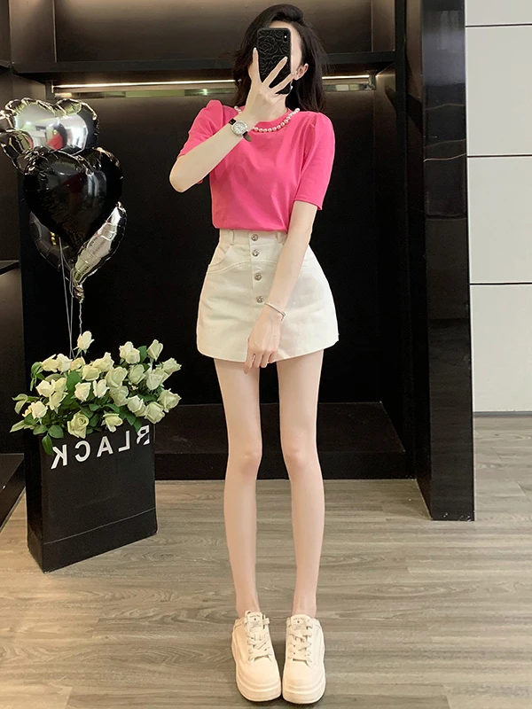 

Summer Casual Sportswear Set Women's Slimming round Neck Short Sleeve White Short Skirt Two-Piece Set Fashionable And Stylish
