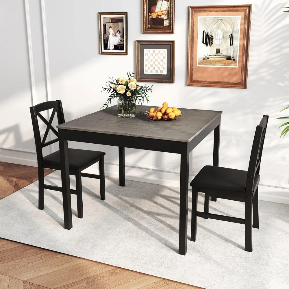 

3-Piece Dining Table Set for 2, Wooden Square Kitchen Table with 2 Upholstered Chairs, Space-Saving Dining Room Furnitur