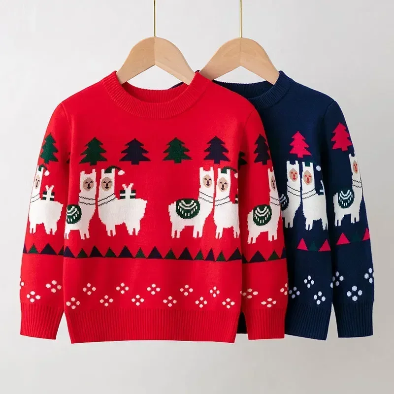 Christmas Bottomed Sweater Winter Boys Girls Xmas Warm Cotton Pullover Kids Knit Clothes Autumn Children Print Knitwear 2-6 Year