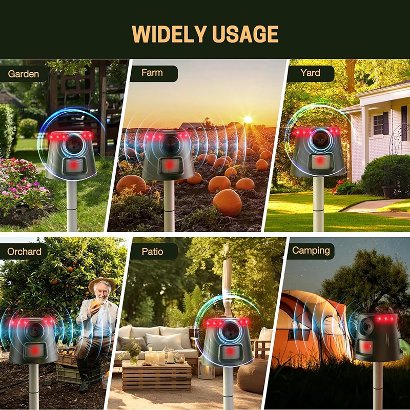 Solarbetriebener Ultraschall-Tiervertreiber mit LED-Blinklicht und Alarmton zur Abschreckung von Tauben, Vögeln, Mäusen und Füchsen für Garten und Außenbereich – Detail 6