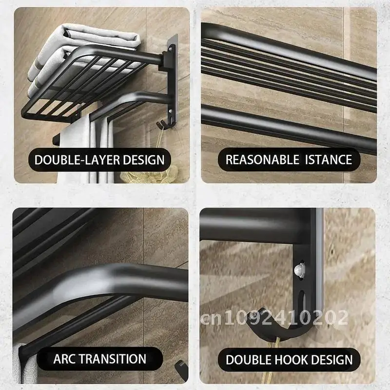 40/50/60CM Double Wall Towel Rack Black Non Drilling Bracket Bathroom Rack Mounted Accessories Aluminum Shower Movable Layer