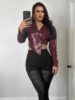 Sisterlinda Faux Leather Single Button Crop Jacket Women Autumn Trend Cross Neck Full Sleeve Wild Style Classic Streetwear Coat 5