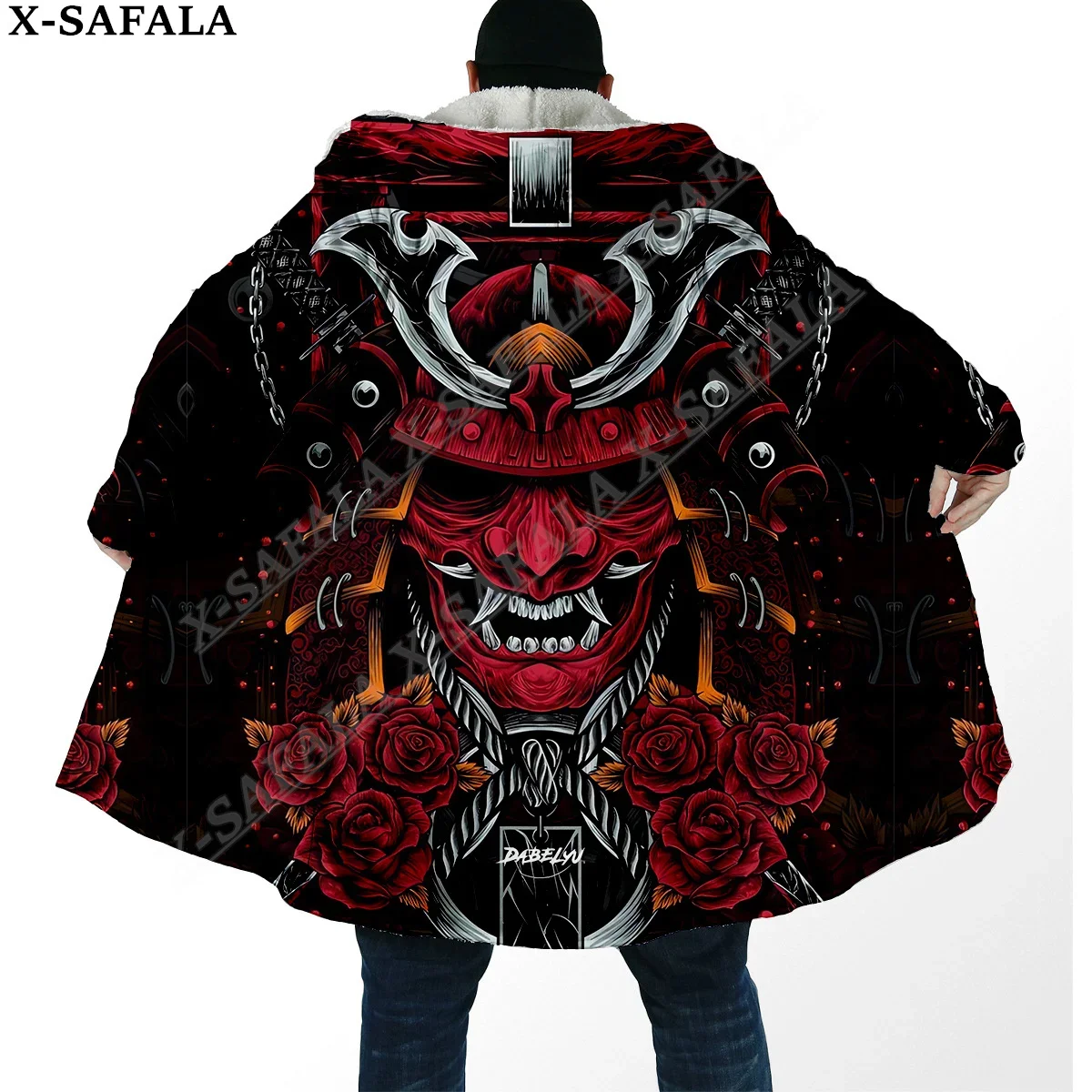 

Japanese Samurai Oni Mask Tattoo Warrior Overcoat Coat 3D Print Thick Warm Hooded Cloak Men Windproof Fleece Unisex-18