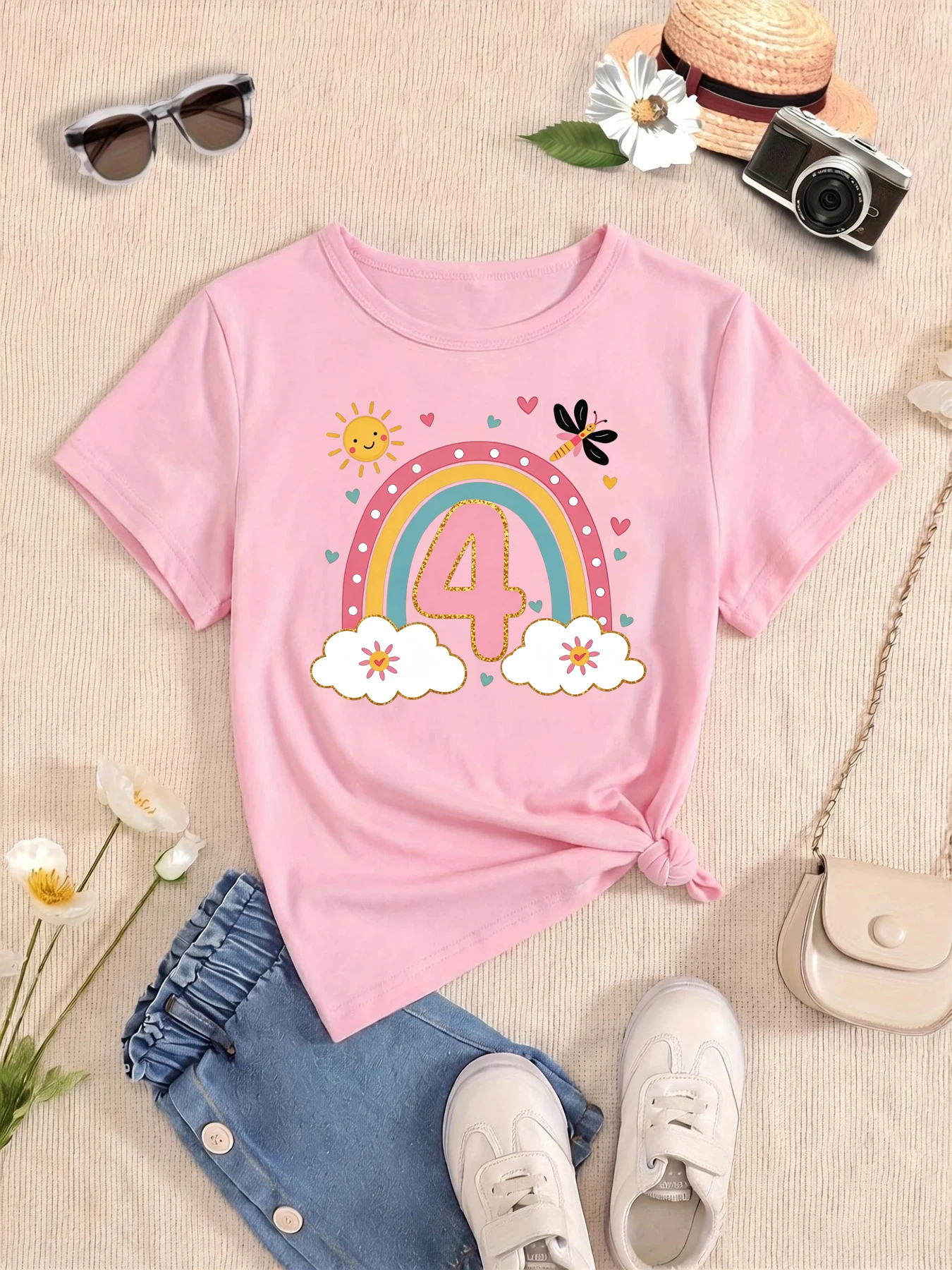 Rainbow 4th Birthday Dragonfly Sun Hearts Printed T Shirt Girls The Best Birthday Gift T-Shirt Kawaii Kids Clothes