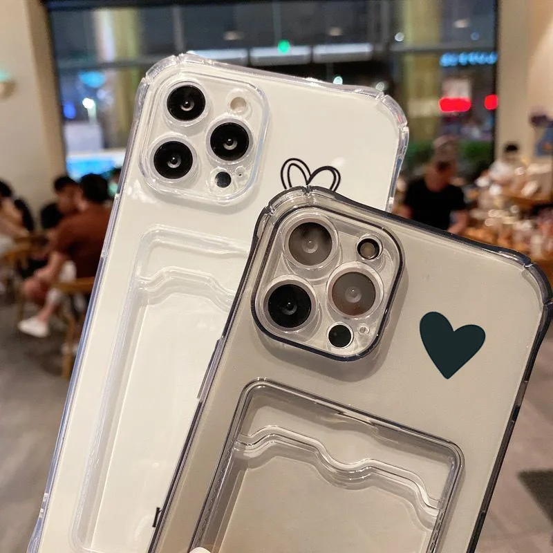 Card Bag Holder Clear Case For iPhone 15 Pro Max 14 13 12 11 With Love Heart Print Cover For iPhone XS X XR 7 8 Plus SE2020 Case