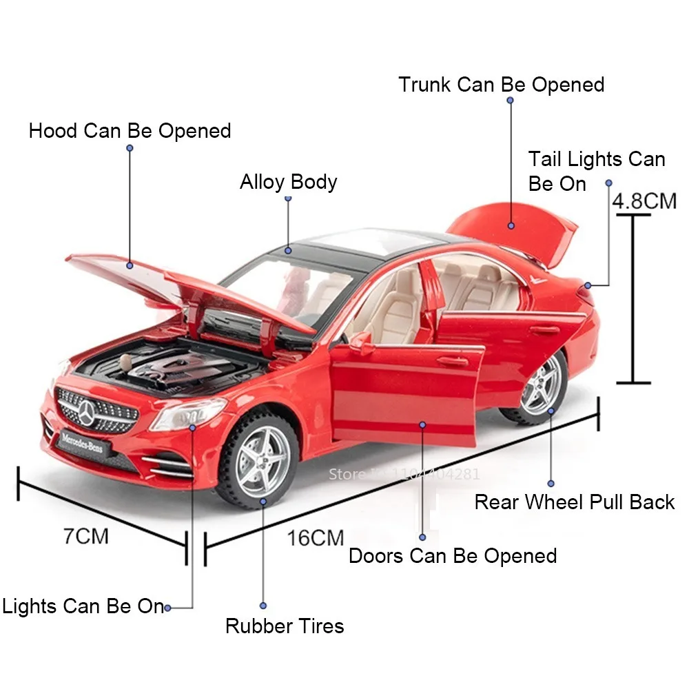 1:32 C260L E300L Legierungsdruckguss-Modell, Spielzeugauto, 6 Türen, geöffnet, Ton, Licht, zurückziehbare Gummireifen, Miniaturfahrzeug für Kinder – Detail 4
