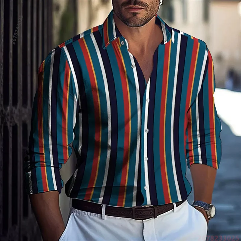 2026 New Style Red, Black, and White Striped Long-Sleeve Shirt for Men, Stylish Slim Fit Lapel Cardigan Casual Top, Sizes XS-6XL