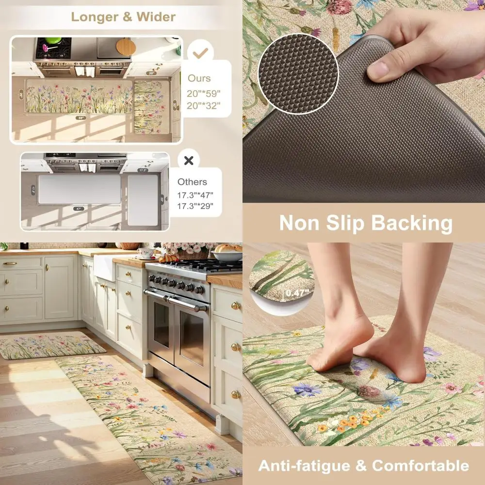 

Farmhouse Brown Cushioned Kitchen Mats, Set of 2, Anti-Fatigue Floor Rugs, 20x59 and 20x32