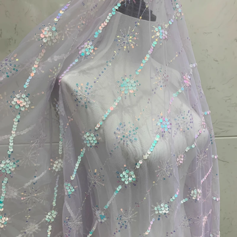 Laser Iridescent Sequin Embroidered Mesh Fabric for DIY Sewing Handmade Dress Clothing Accessories Lace Fashion Cloth Material