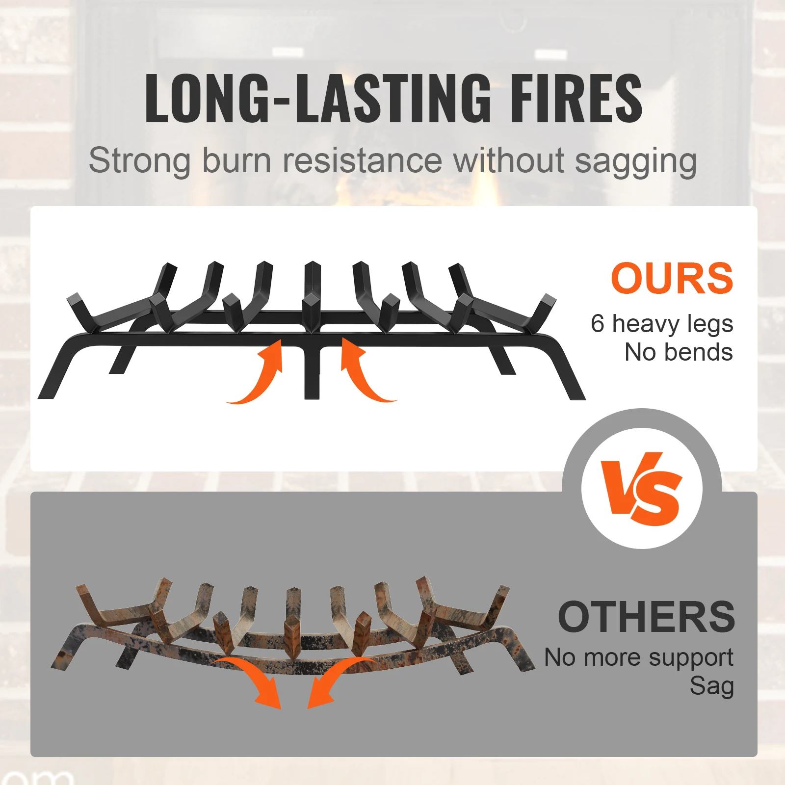 VEVOR Fireplace Log Grate Fireplace Grate with 6 Legs 3/4’’ Solid Powder-coated Steel Bars Log Firewood Burning Rack Holder