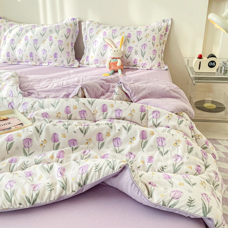 Purple Flowers Print Quilt Summer Cooling Blanket Single Double Queen Size Bed Comforters Air Conditioning Quilt Light Duvet