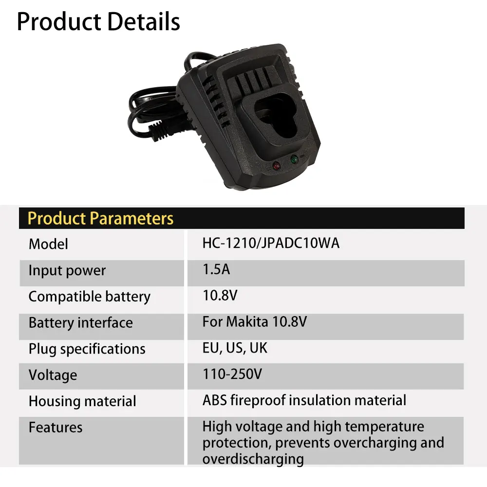 SNUOK Portable Charger 110-250V Lithium Battery Fast Charging Dock For Makita 10.8-12V Battery Wrench, Grinder
