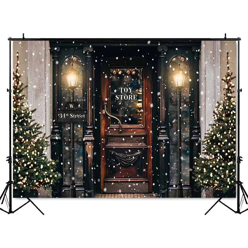 Merry Christmas Photography Background Winter Snow Christmas Tree Toy Store Street for Children Portrait Backdrop Photo Studio