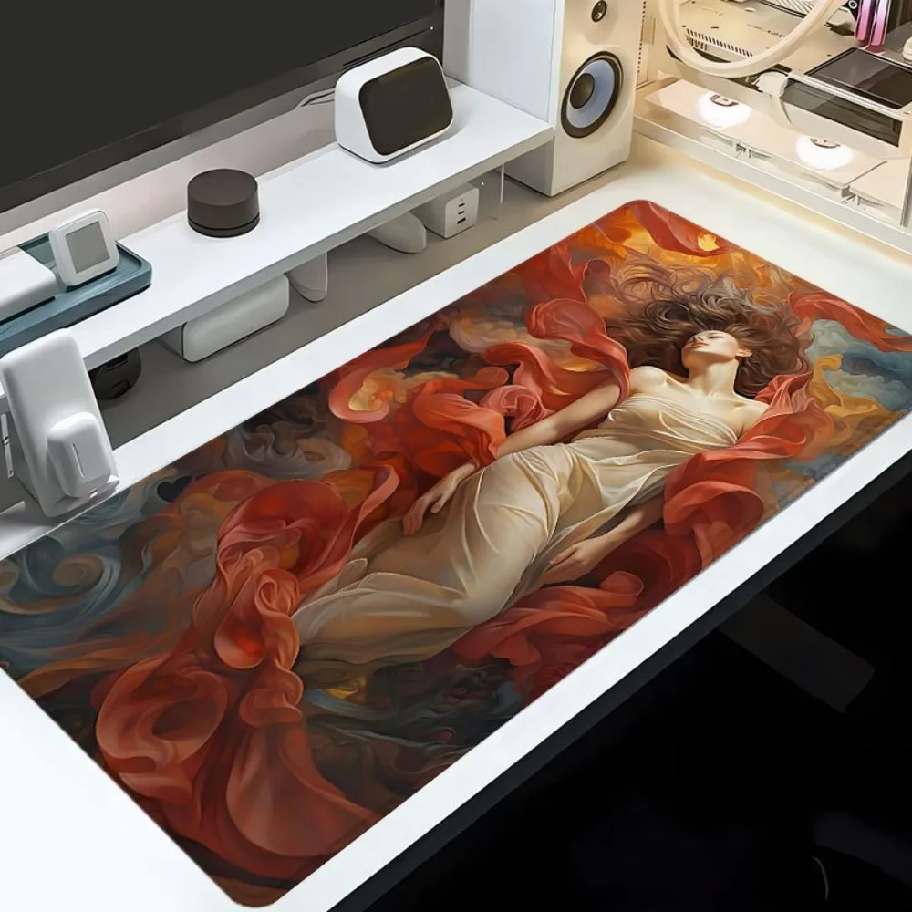 Art Woman Red Cloth Large Mouse Pad, Extended Gaming Desk Mat, Non-Slip Rubber Base, Aesthetic Office Desk Pad for PC Laptop