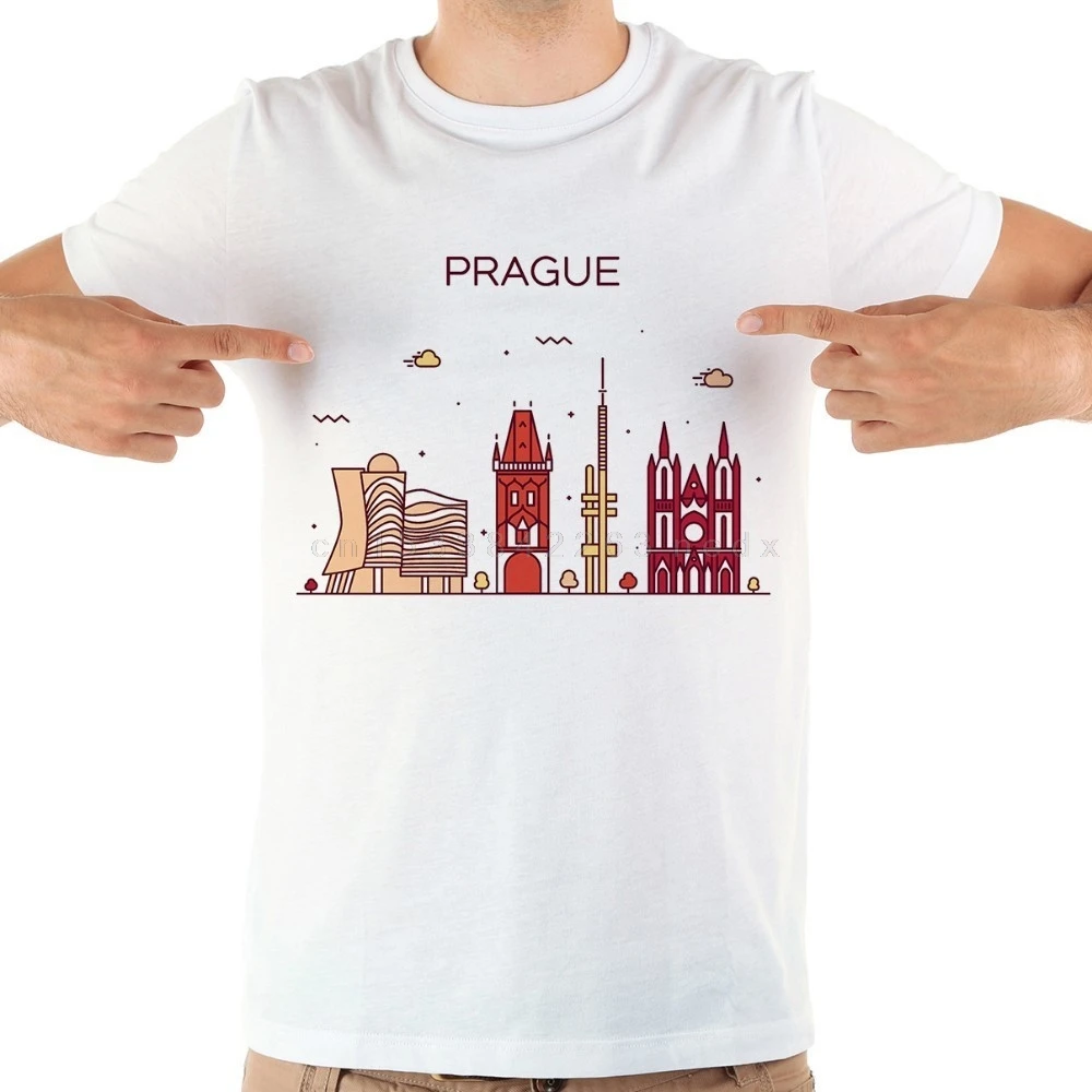 Czech Prague landmark Brief strokes funny tshirt men new white short sleeve casual homme cool t shirt