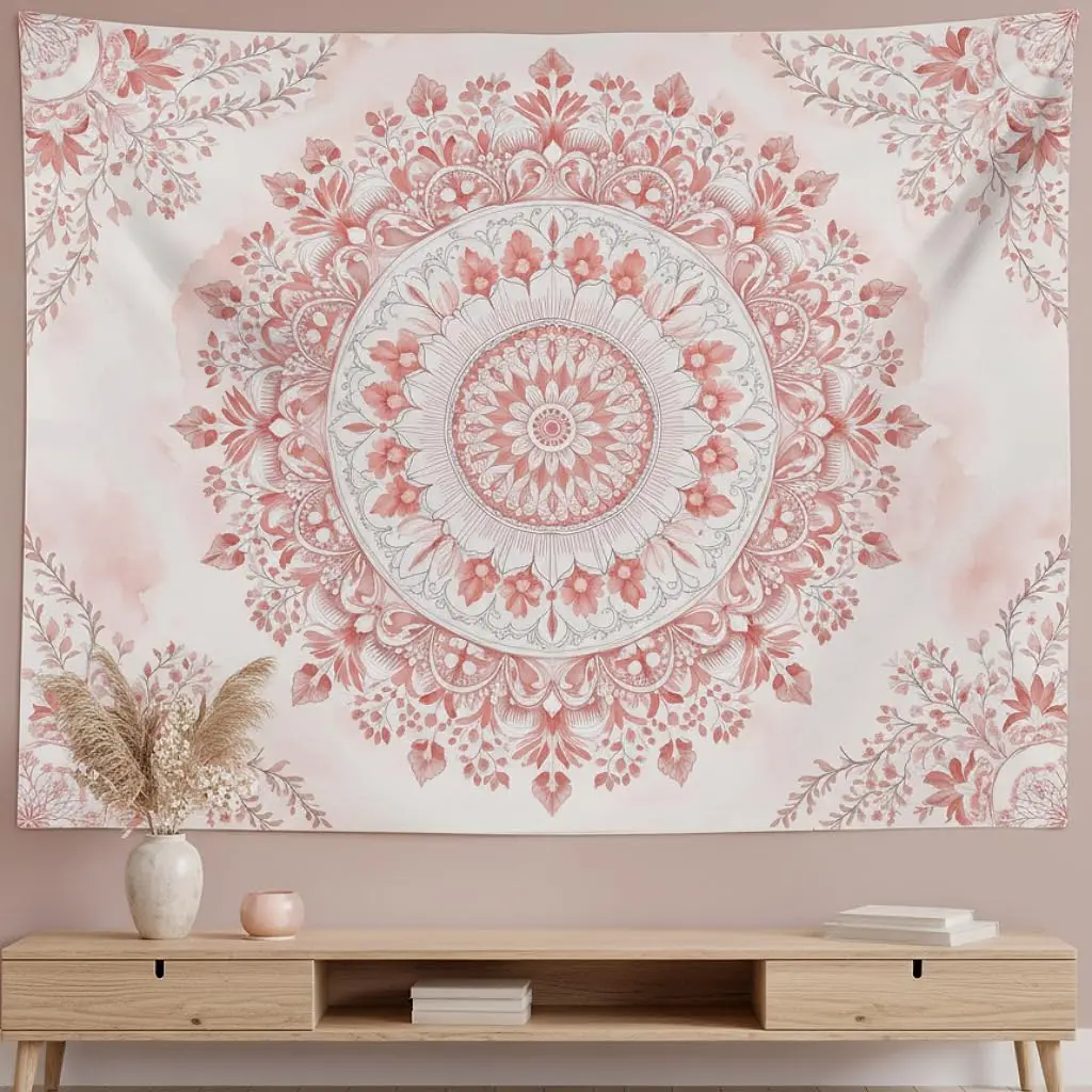 Pink Floral Mandala Tapestry – Soft Watercolor Boho Wall Art, Elegant Aesthetic Decor for Bedroom, Living Room,