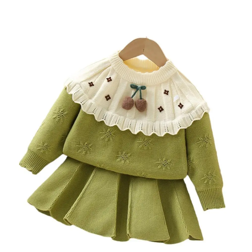 Girls Knitted Clothes Sets Spring Autumn Children Woolen Jersey Sweaters Tops Skirts 2pcs Dress Suit For Baby Party Outfits Kids