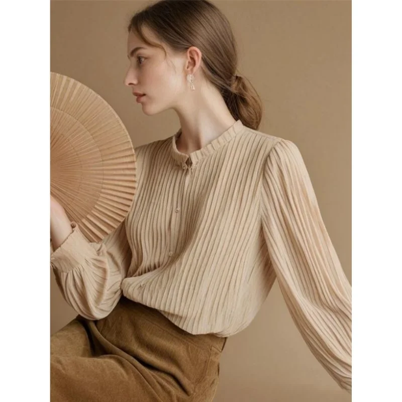 

Champagne Lace Ruffled Texture Long Sleeve Blouse Minimalist Design Engagement Top