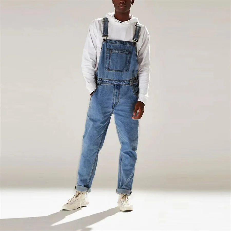 Streetwear Men\'s Solid Color Multi-pocket Denim Jeans Bib Overalls Daily Denim Jumpsuit One-piece Male Suspender Long Pants