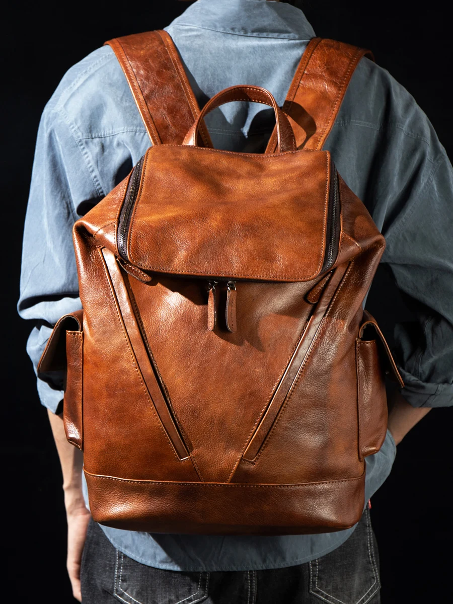 High Quality New Vegetable Tanned Leather Hand-Brushed Vintage First Layer Cowhide Casual Backpack