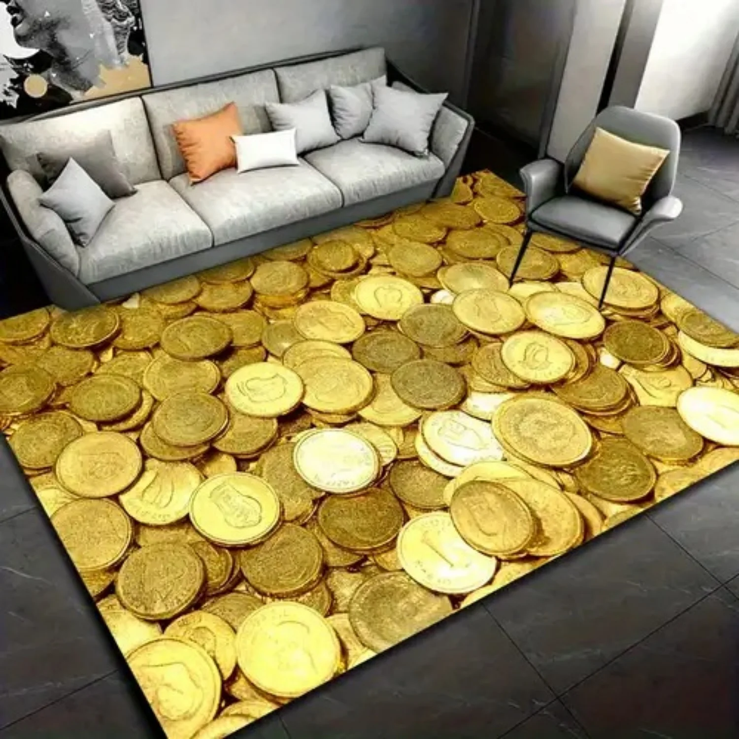 Living Room Rug 3D Gold Coin Wealth Theme Carpet Non-Slip Soft Easy To Clean Durable Trendy Fun Luxury Decor Area Home Decor Mat