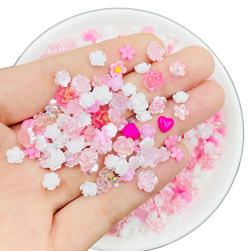 100 Pcs New Cute Mini Shiny Mixed Color Floret Resin Figurine Crafts Flatback Cabochon Ornament Jewelry Making Accessories N57