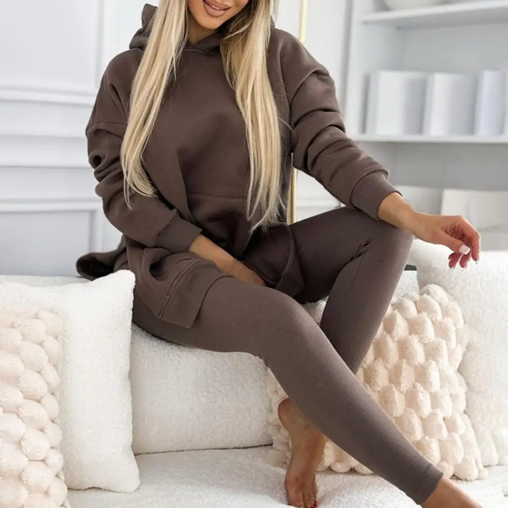 

Комплект из 2 предметов: женский спортивный костюм с худи на молнии и брюками с разрезами, эластичный пояс, облегающие брюки, для фитнеса и повседневной носки