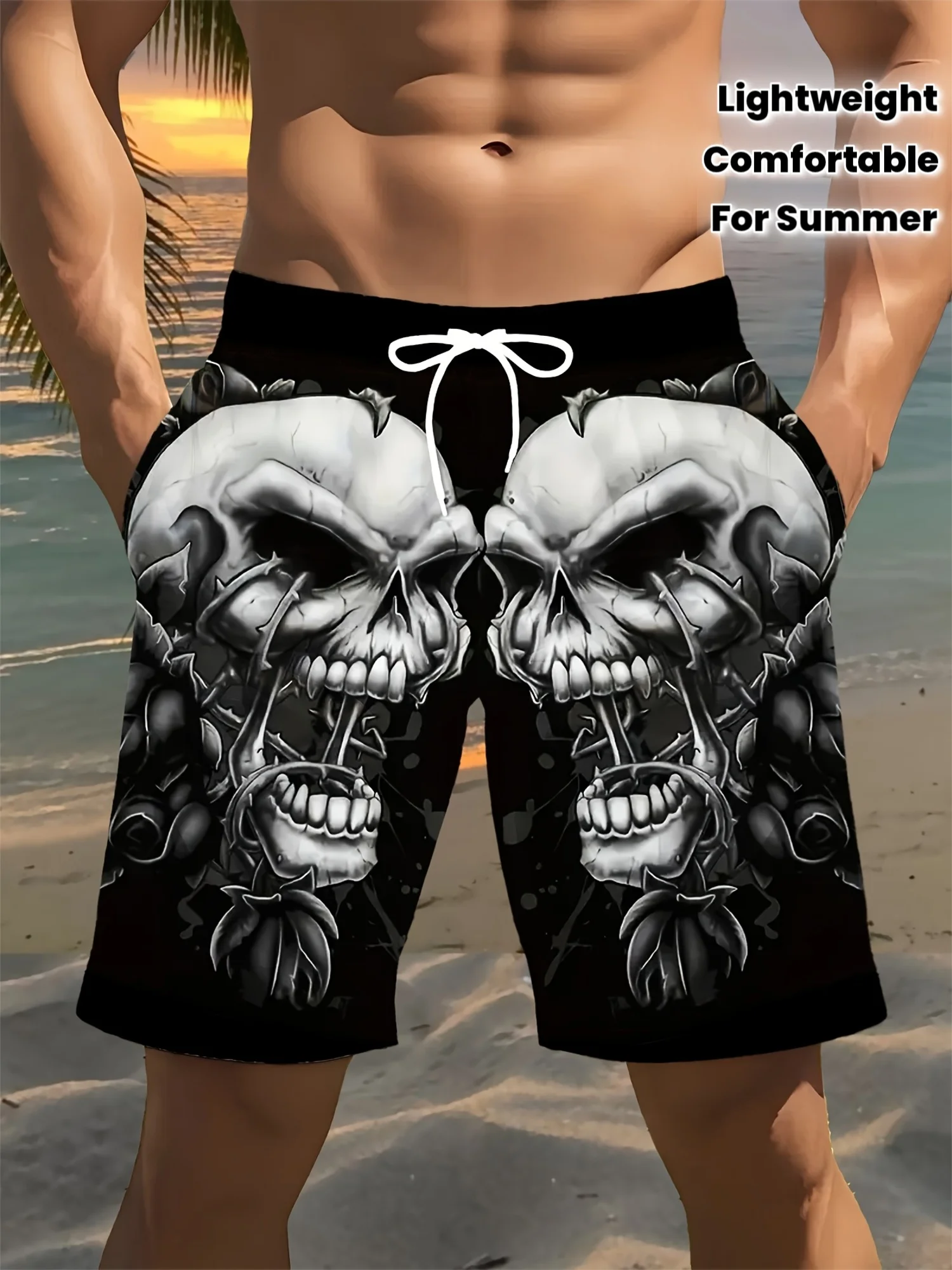 2026 NewHot Selling Men's Fashion Skeleton Pattern Digital 3D Printed Men's Casual Bundle Pocket Shorts, Suitable for Casual Use
