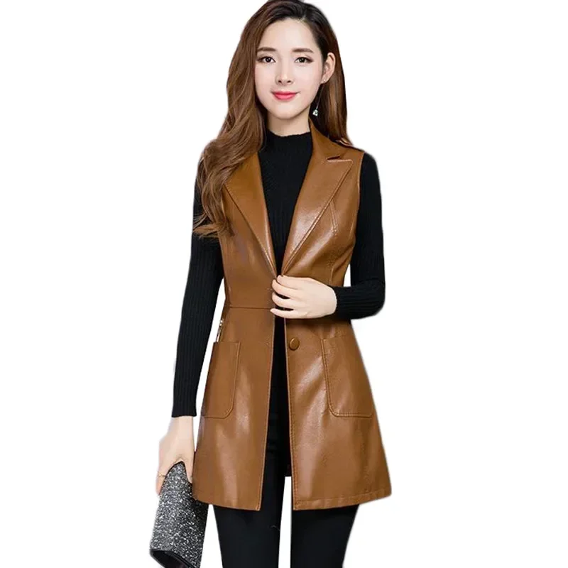 Faux Leather Vest Women\'s Clothing 2022 PU Autumn Jacket Korean Solid Sleeveless Vest Mid Long Coat Female Waistcoat Outerwear