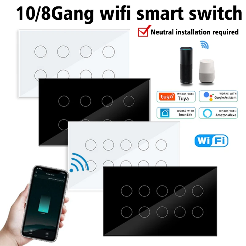 

Wifi Smart Touch Light Wall Switch Glass Panel 8/10 Gang 147*86mm Tuya App Compatible with Alexa Google Home voice control