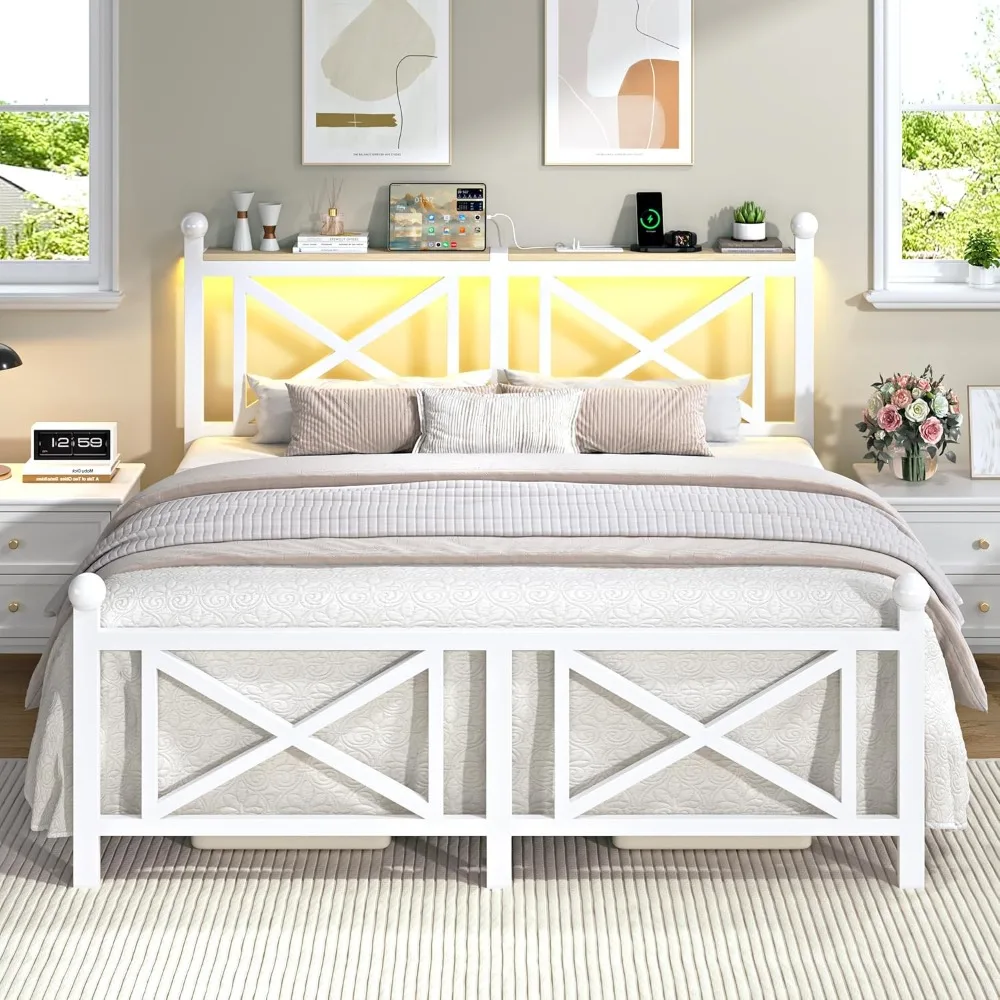 Size Bed Frame with Charging Station and LED Lights, Metal Platform Bed with Wood Headboard and Storage Shelf, Underbed Storage