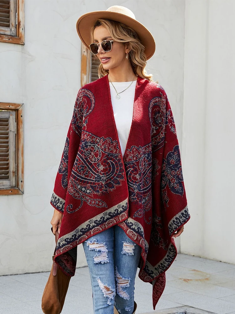 

Fashion Imitation Cashmere Women Vintage Temperament Elegant Print Winter Scarf Warm Knitted Party Female Thick Split Wrap Shawl