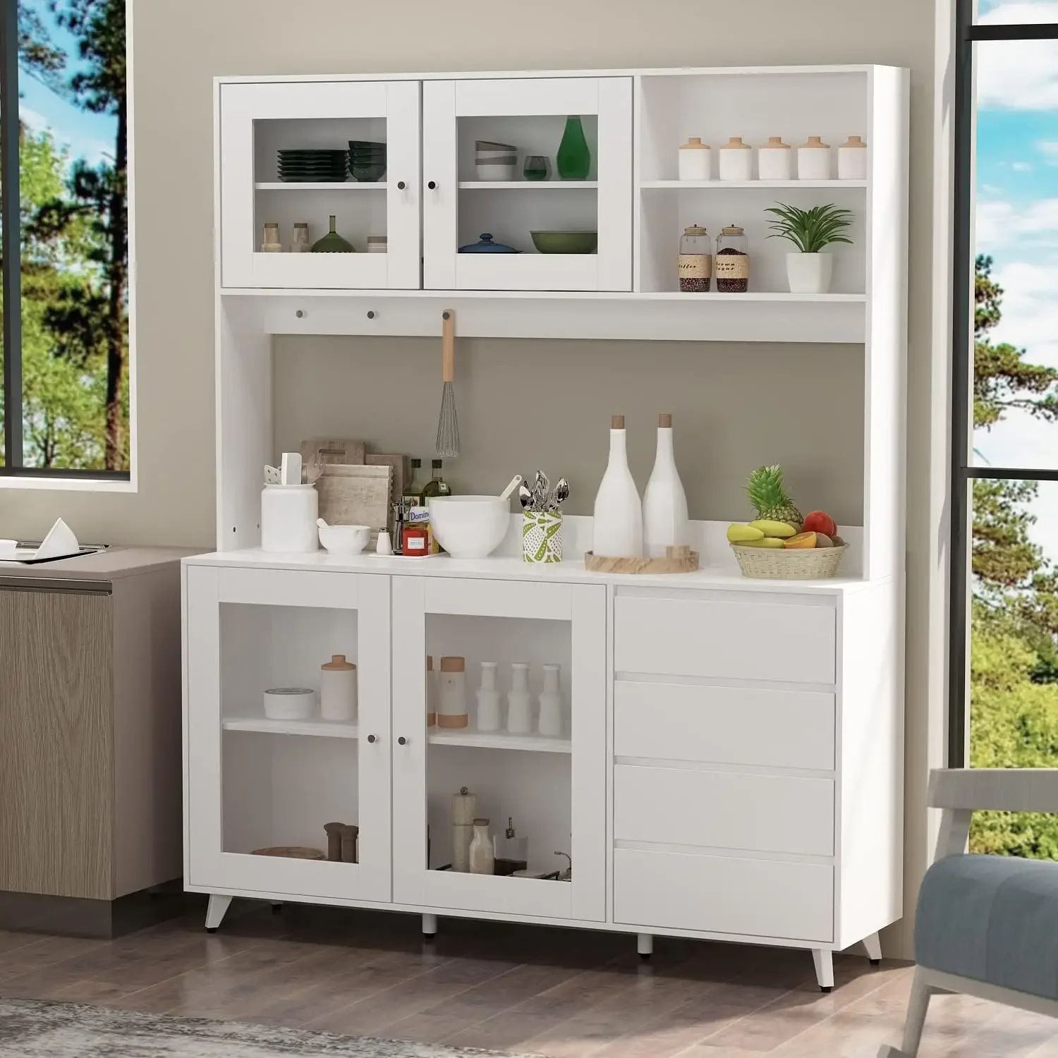 

63" W Large Kitchen Hutch Cabinet, Freestanding Pantry Cabinets Storage Kitchen Cupboard & 4 Doors, 4 Drawers & Microwave Shelf