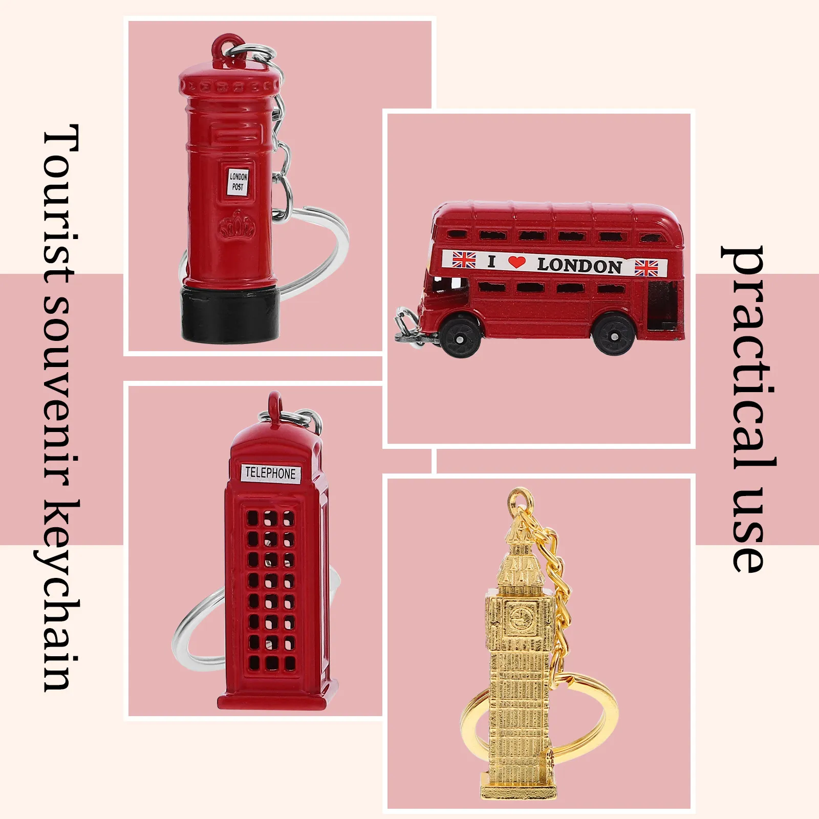 4Pcs London Bus Keychain Set Creative Souvenir Key Ring for Keys Bags Travel Theme British Souvenirs Key Holder