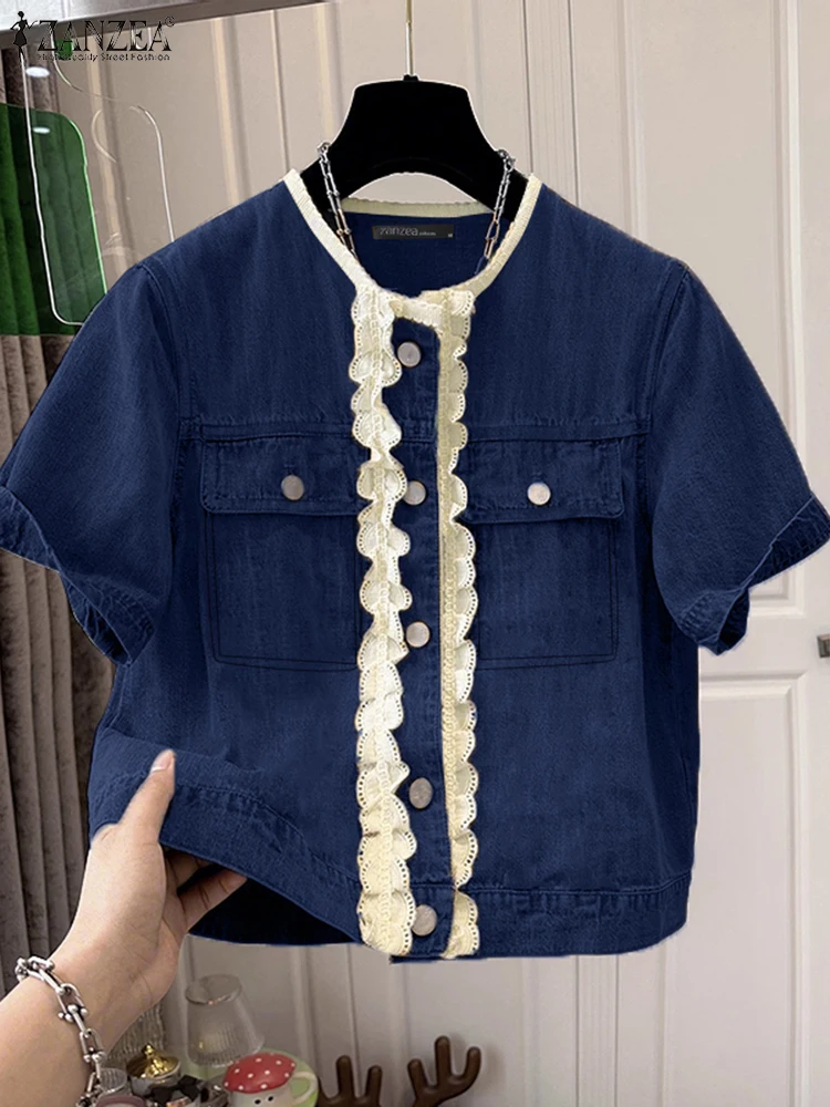 แฟชั่นแขนสั้นเสื้อลูกไม้ผู้หญิงลำลองหลวมสีทึบเสื้อเย็บปะติดปะต่อกัน 2025 ZANZEA แฟชั่น O-คอกระเป๋าบลูซาส S-3XL