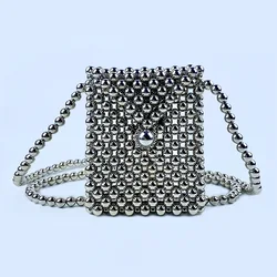 Handmade Bead Bag for Women, Silver Crossbody Bag, One Shoulder Mini Cute Summer Outfit with Accessories, Small Bag, High End