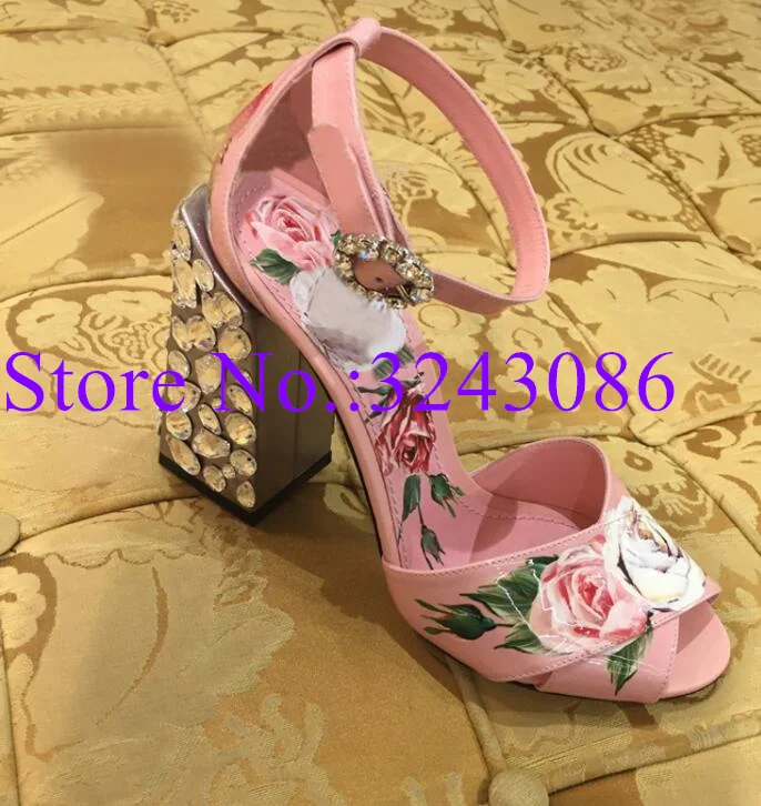 

Fashion Printed Flower Crystal Thick Heel Sandals Lady New Summer Peep Toe Pink/White 6/10cm Heel Pumps Woman Sexy Dress Shoes