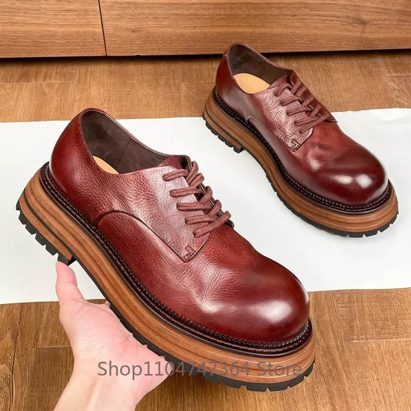 Designer Luxury Genuine Leather Platform Shoes Men's Height Increasing Thick Bottom Casual Derby Work Leather Shoes Male