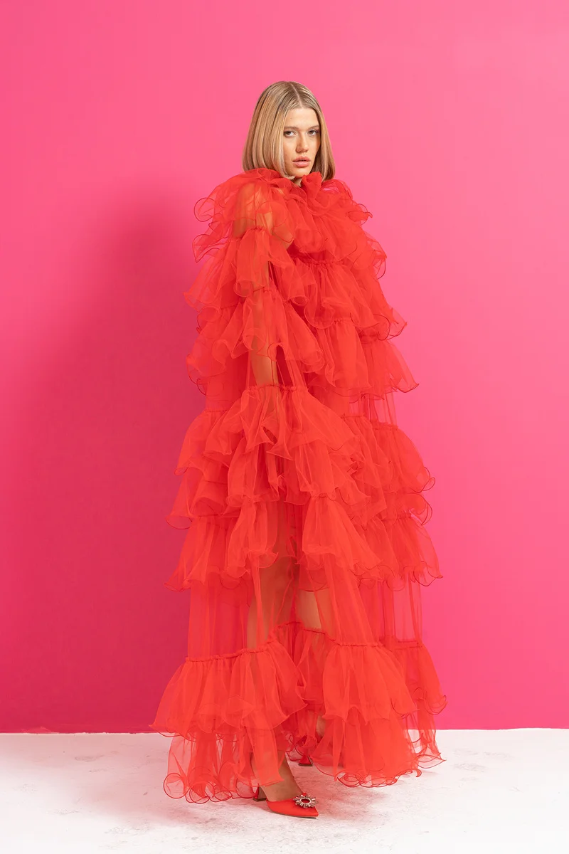 Newest Red Fluffy Tiered Tulle Long Women Cape Floor Length See Thru Tulle Female Cloak Custom Made Outfit Outwear