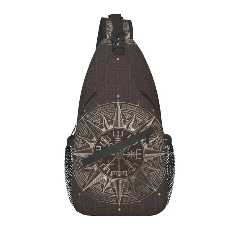 

Brown Leather And Gold Viking Compass Sling Chest Bag Customized Vegvisir Shoulder Crossbody Backpack for Men Traveling Daypack