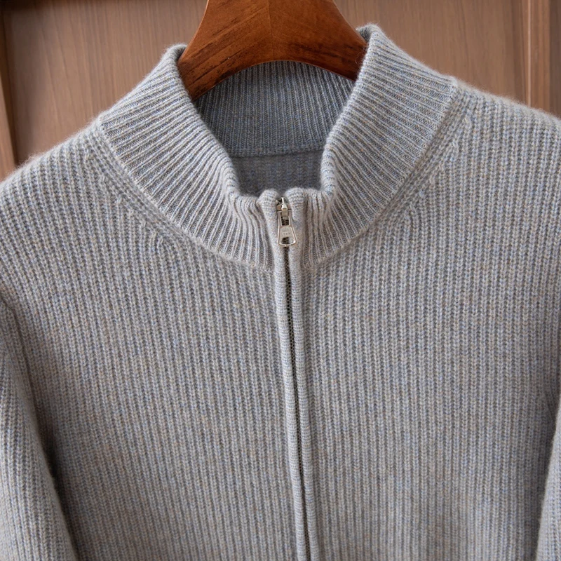 

Мужской кардиган трапециевидной формы на молнии с полувысоким воротом, осень-зима, 100% чистый кашемир, деловой повседневный нижний свитер, теплая куртка, одежда